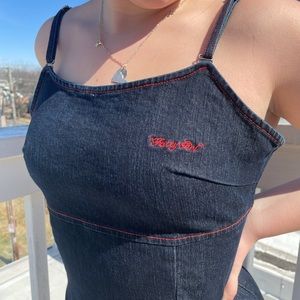 denim dress with the words “fatty girl”embroidered